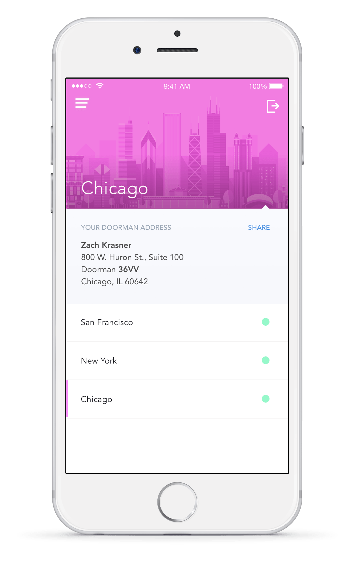 Doorman Chicago Address App Screen